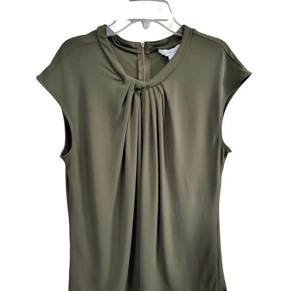 Liz Claiborne Olive Green Cap Sleeve Twisted Neck Zipper Back Top Women's Size L - Picture 2 of 6